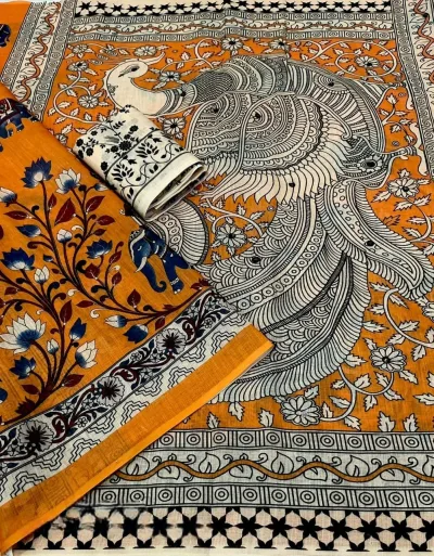 Linen Kalamkari Style Printed Saree - Mustard Yellow